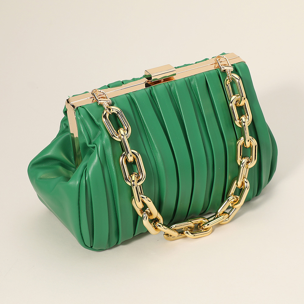 LA8110-GN Faux Leather Chunky Chain Strap Accented Clutch Bag