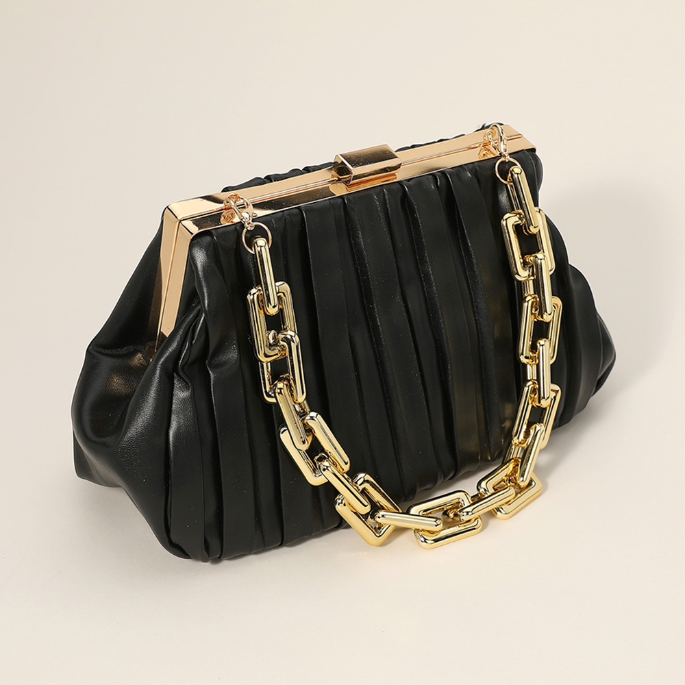 LA8110-BLACK Faux Leather Chunky Chain Strap Accented Clutch Bag