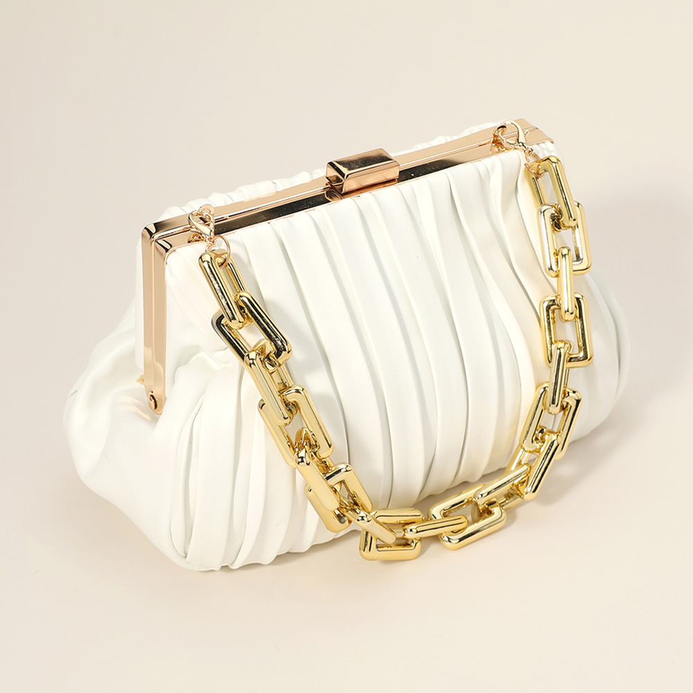 LA8110-WT Faux Leather Chunky Chain Strap Accented Clutch Bag