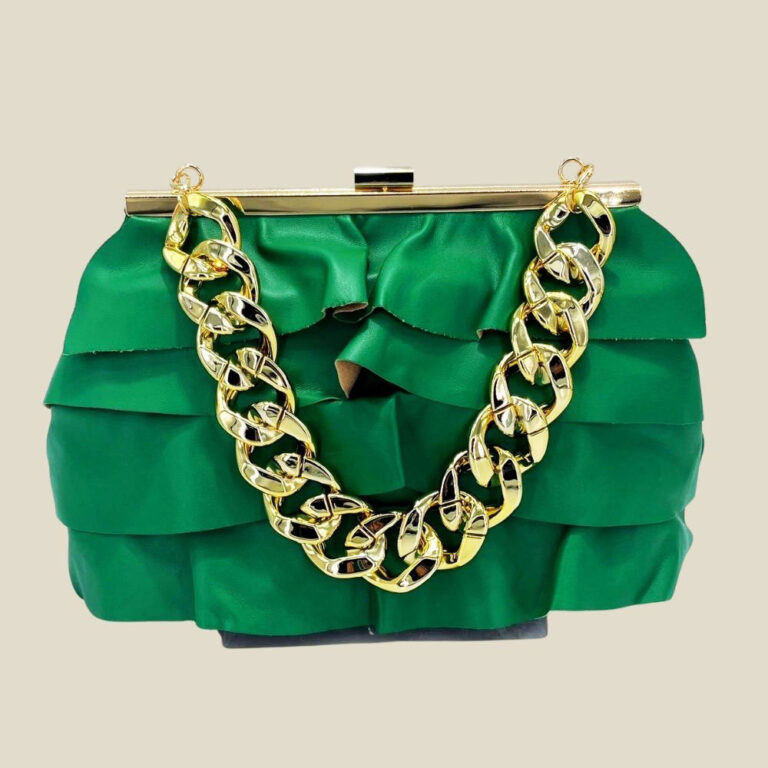 LA8310 GN Faux Leather Layered Ruffle Chunky Chain Strap Handle Evening Clutch Bag / Crossbody Bag