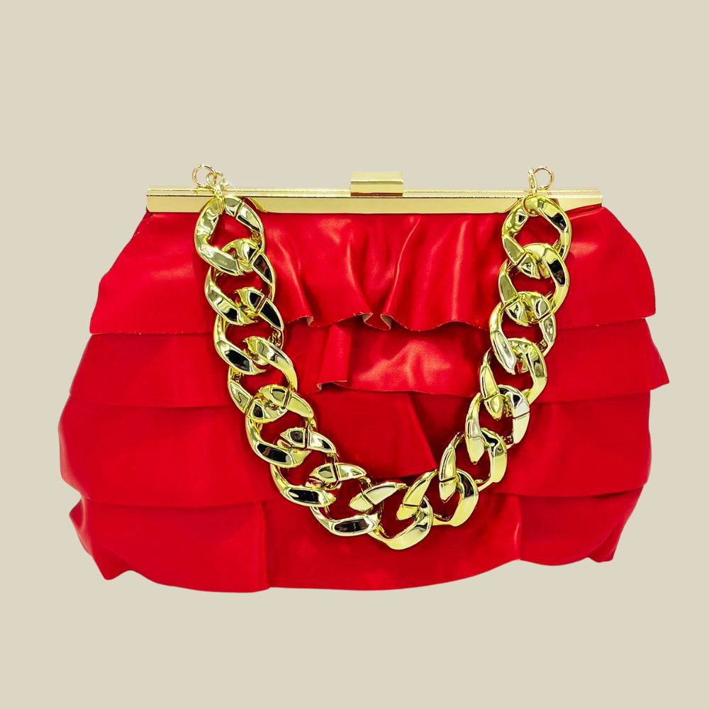 LA8310 RD Faux Leather Layered Ruffle Chunky Chain Strap Handle Evening Clutch Bag / Crossbody Bag