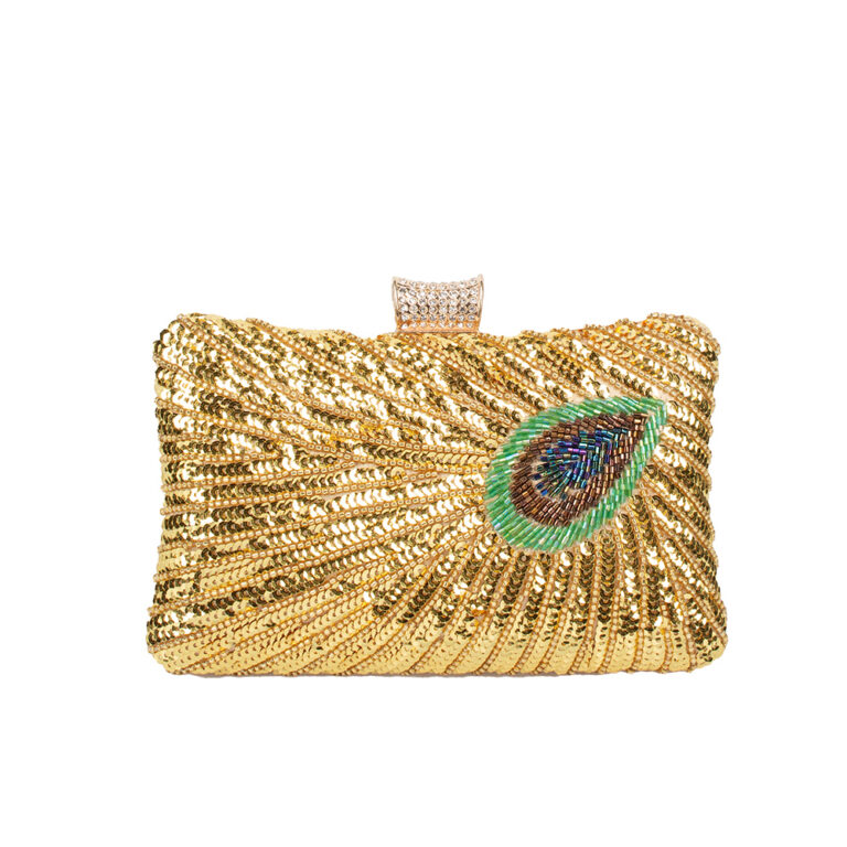 E-8231 GD Peacock Feather Pattern Sequin Beaded Hard Compact Box Clutch Bag