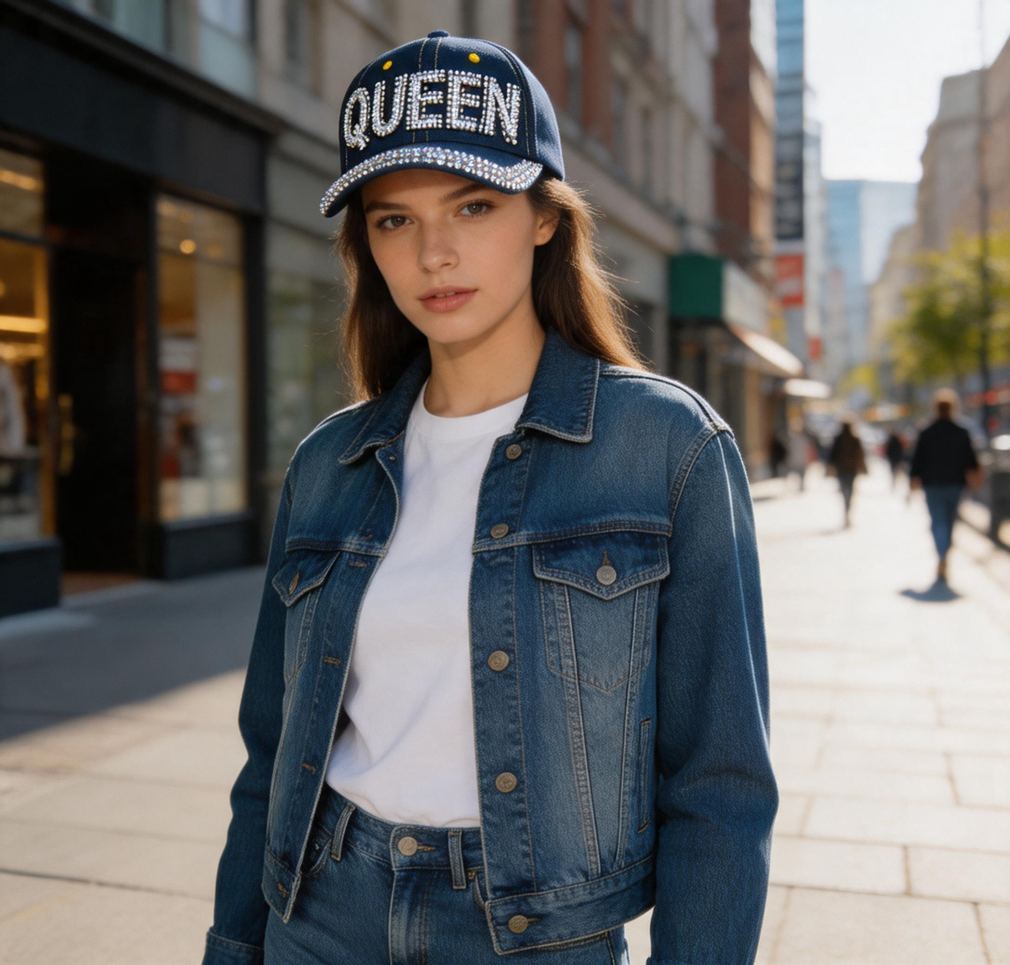 BH7813 ASST STUDDED “QUEEN” DENIM BASEBALL CAP(3PCS)