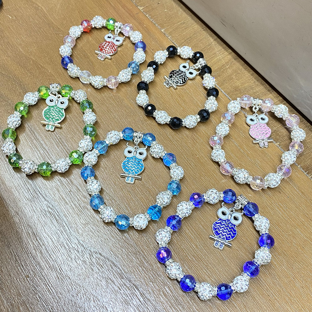 BRC0557 ASST Owl Charm Adjustable Beaded Bracelets (6pcs)