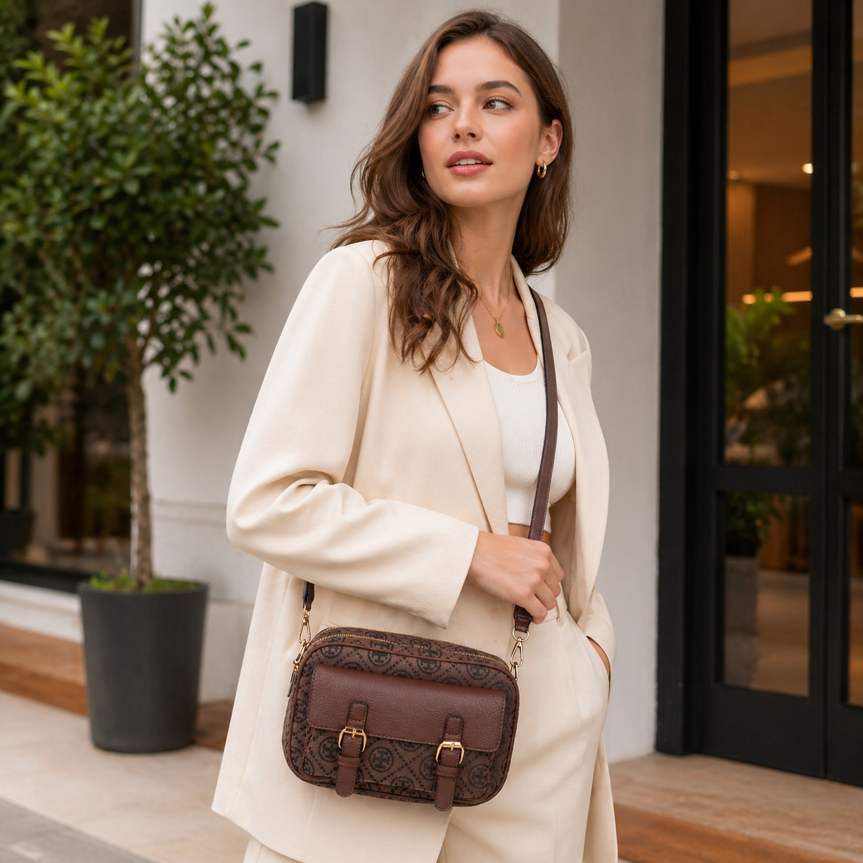 203-CF Double Zipper Crossbody Bag