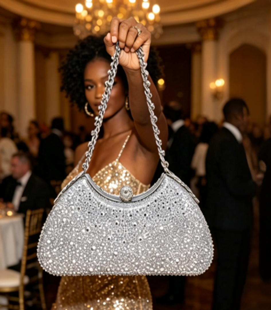 LAY462 SL Rhinestone-Encrusted Curved Shell Shape Clutch Bag