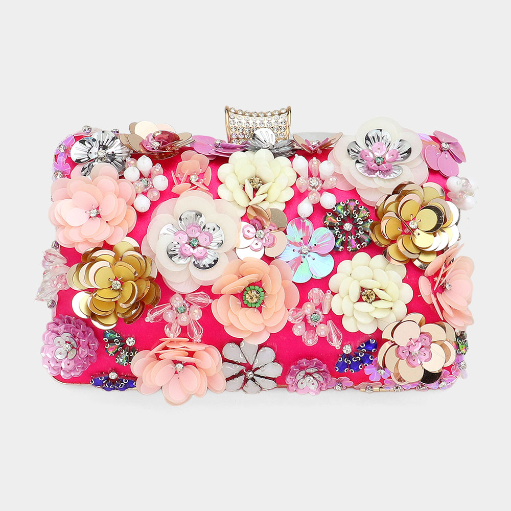 LA1998-FU Sequin Flower Embellilshed Clutch / Evening Bag