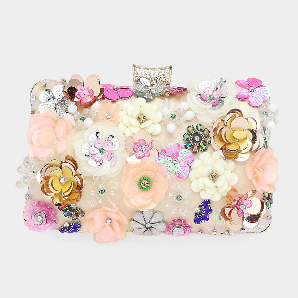 LA1998-CHA Sequin Flower Embellilshed Clutch / Evening Bag