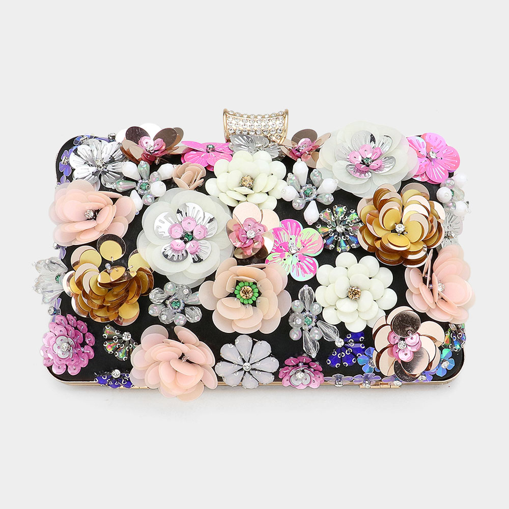 LA1998-BLACK Sequin Flowe Embellilshed Clutch / Evening Bag