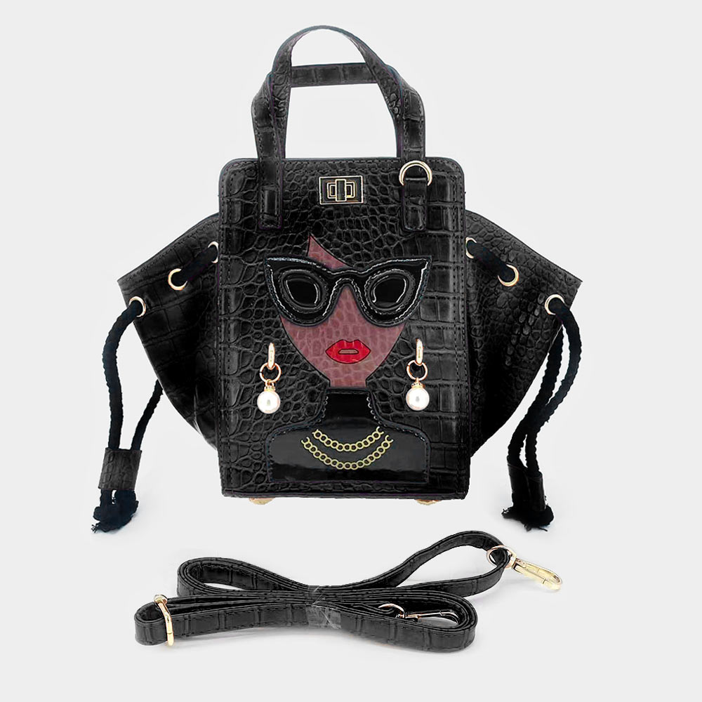 LA5302-BK Girl Accented Alligator Patterned Tote / Crossbody Bag