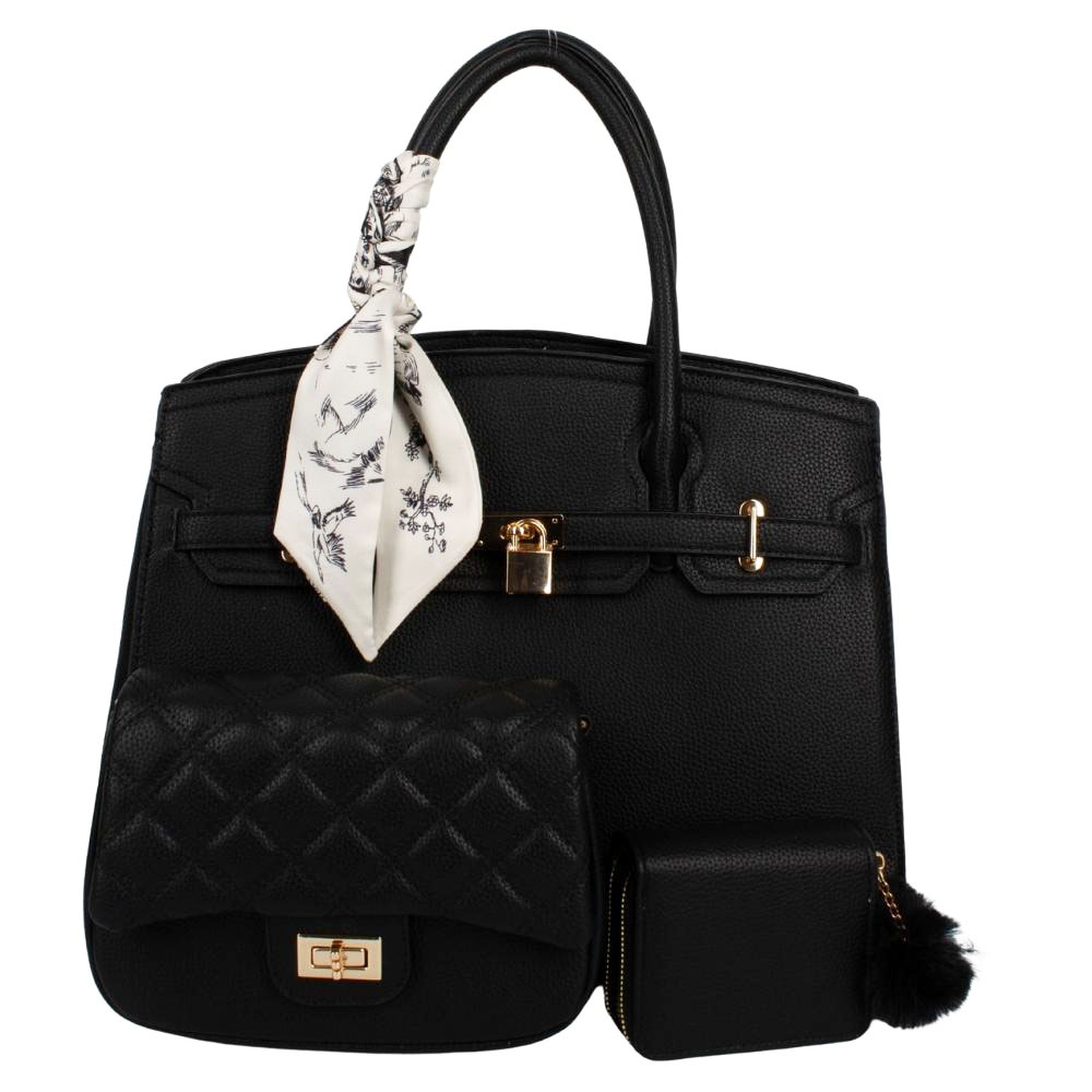 PU24126-T3-BK Handle Satchel Bag with crossbody & wallet (3 N 1)