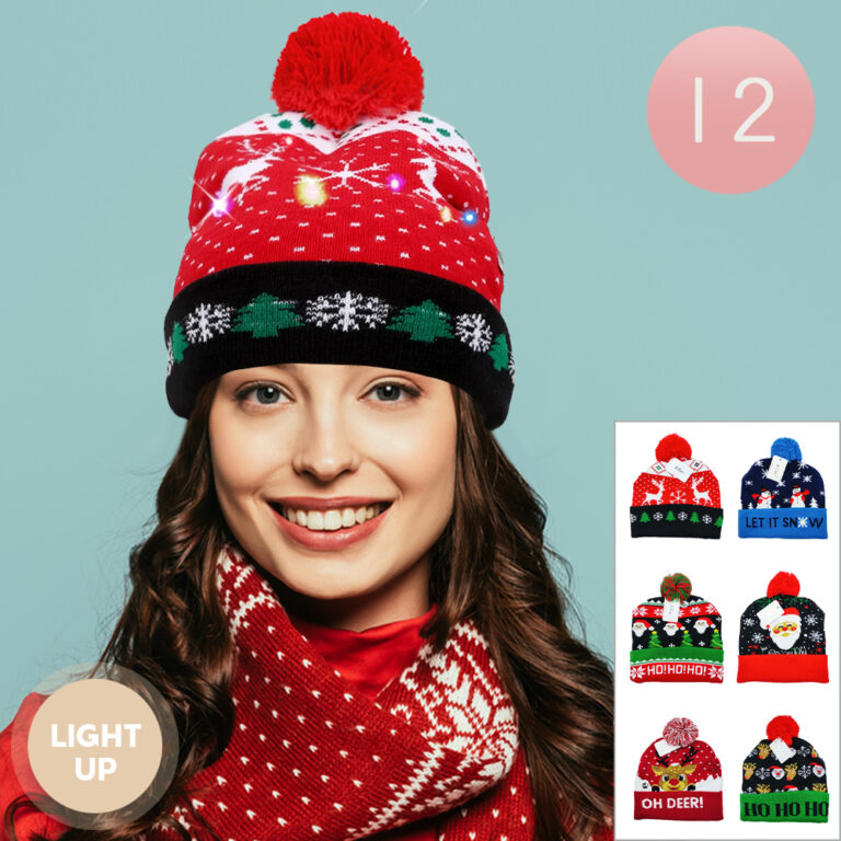 WHT9745-ASST Light Up Christmas Pom Pom Beanie Hat(3PCS)