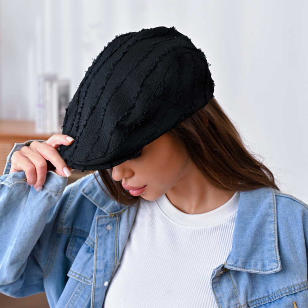 H3483-BLACK Fray Detail Newsboy Hat