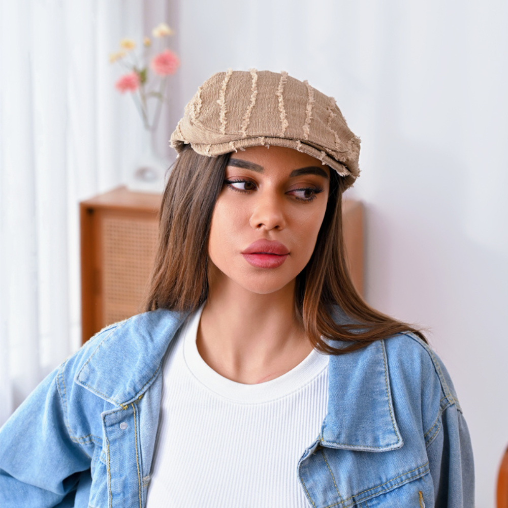 H3483-KHAKI Fray Detail Newsboy Hat