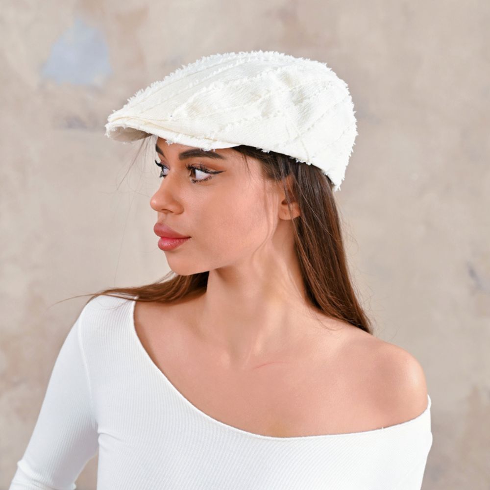 H3483-IVORY Fray Detail Newsboy Hat