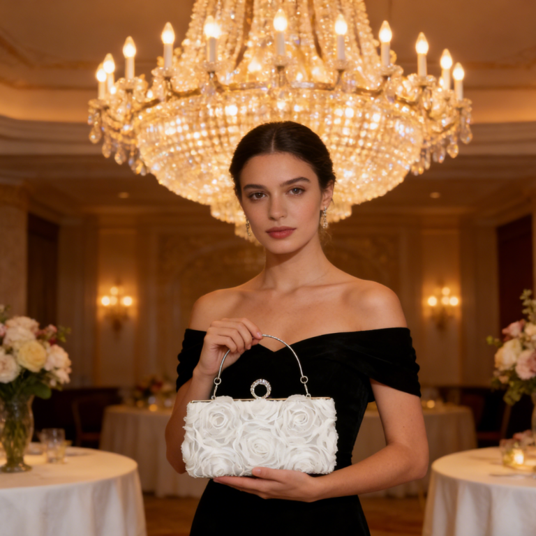 LA2901D WH Fabric Flower Embellished Evening Bag